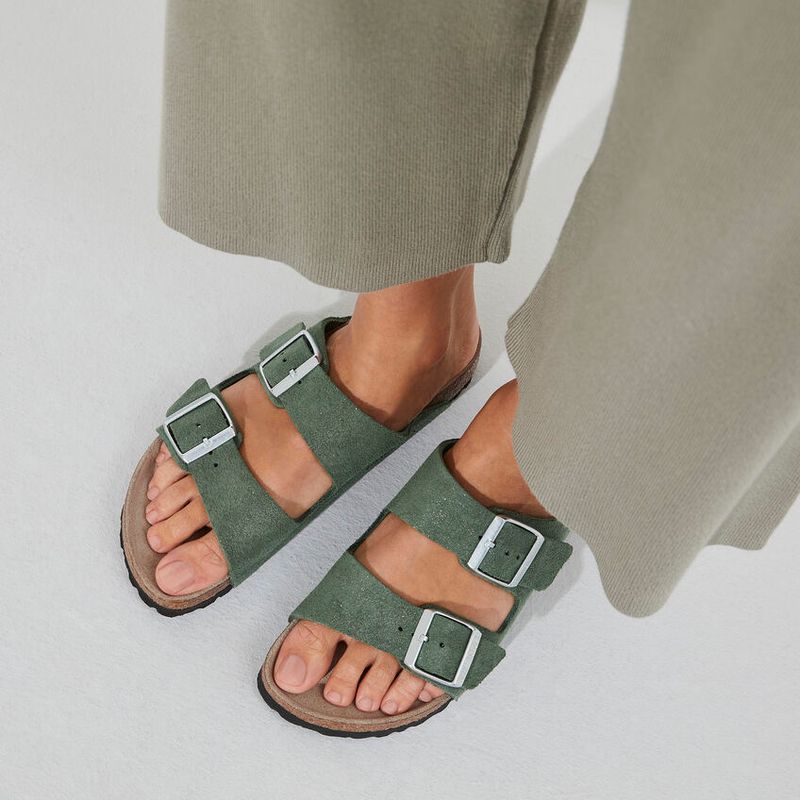 Birkenstock Arizona Shimmering Thyme smal grønn semsket skinn